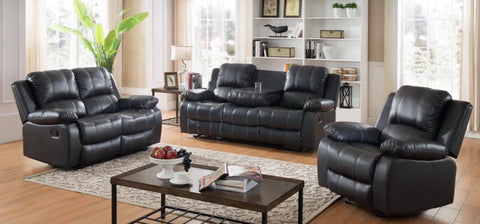 BONDED ROCKER LEATHER RECLINER SOFA SET IN BLACK