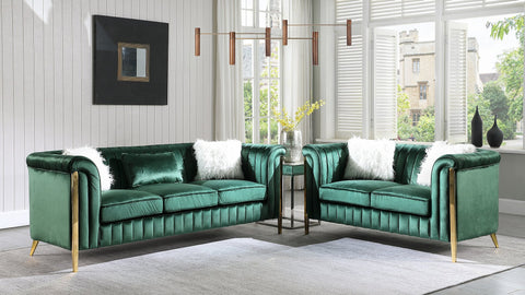 FARA 2PC SOFA SET IN GREEN WITH GOLD LEGS
