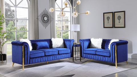 FARA 2PC SOFA SET IN BLUE WITH GOLD LEGS