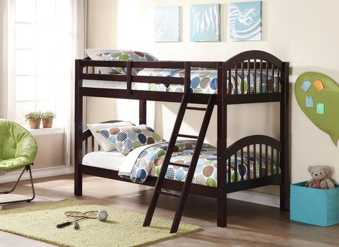 ESPRESSO TWIN OVER TWIN BUNK BED AND 2 MATTRESSES COMBO (V)
