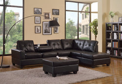 LEATHER SECTIONAL WITH CUP HOLDER AND STORAGE OTTOMAN IN BLACK
