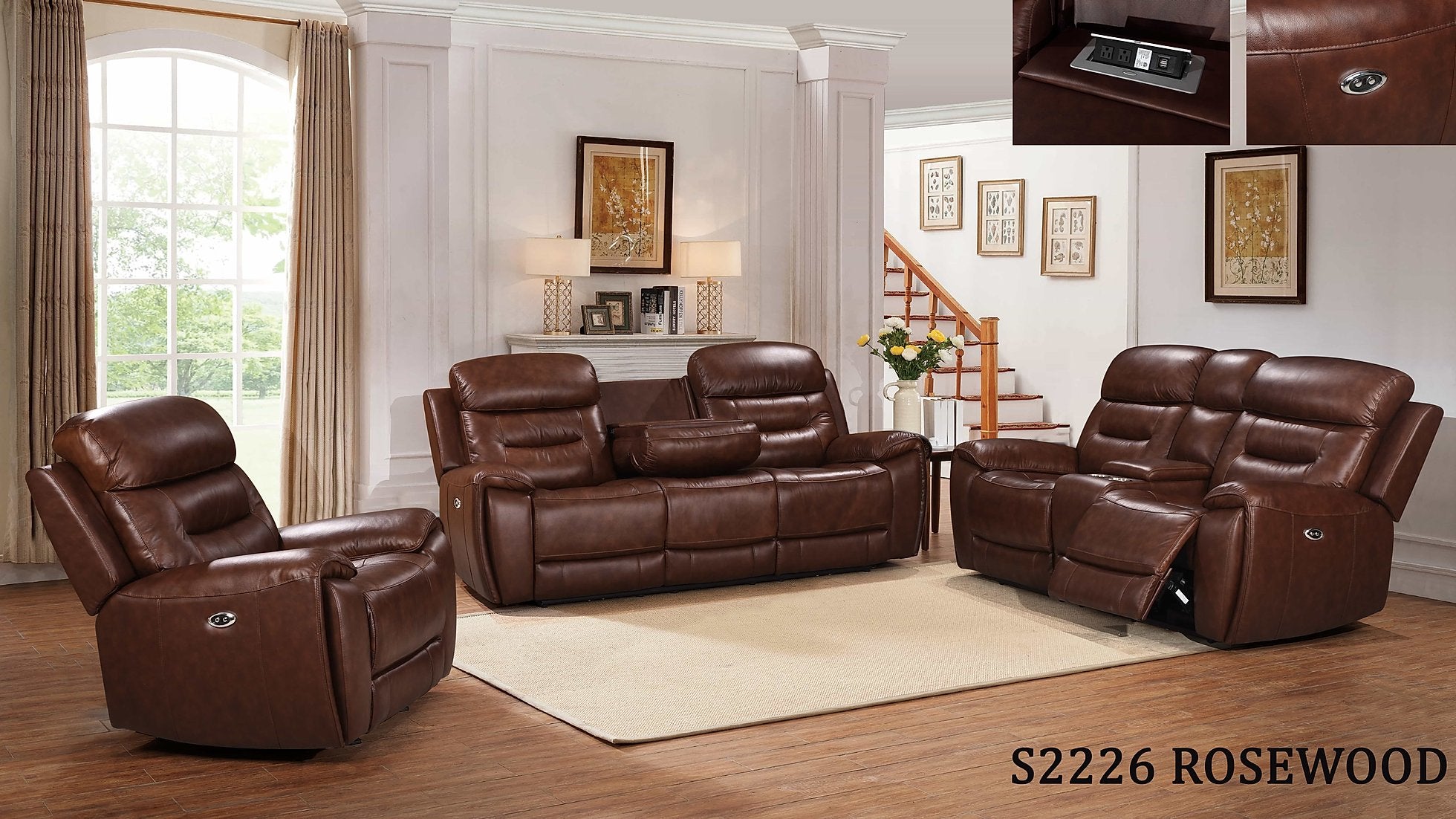 Rosewood Power Reclining Sofa Set With