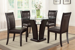 5-PIECES ROUND GLASS TABLE DARK ESPRESSO FAUX LEATHER DINING ROOM SET (V)