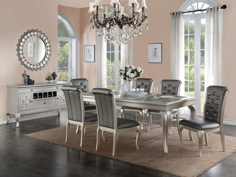 5 PIECE FORMAL DINING TABLE SET IN ANTIQUE SILVER FINISH (V)