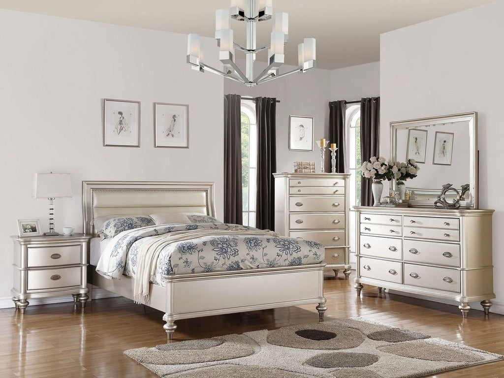 silver dresser and nightstand set Glamorous 5pc Bedroom set Queen Bed Button-Tufted Silver-Gray Nightstand Dresser Chest Mirrored Framing Wooden Furniture
