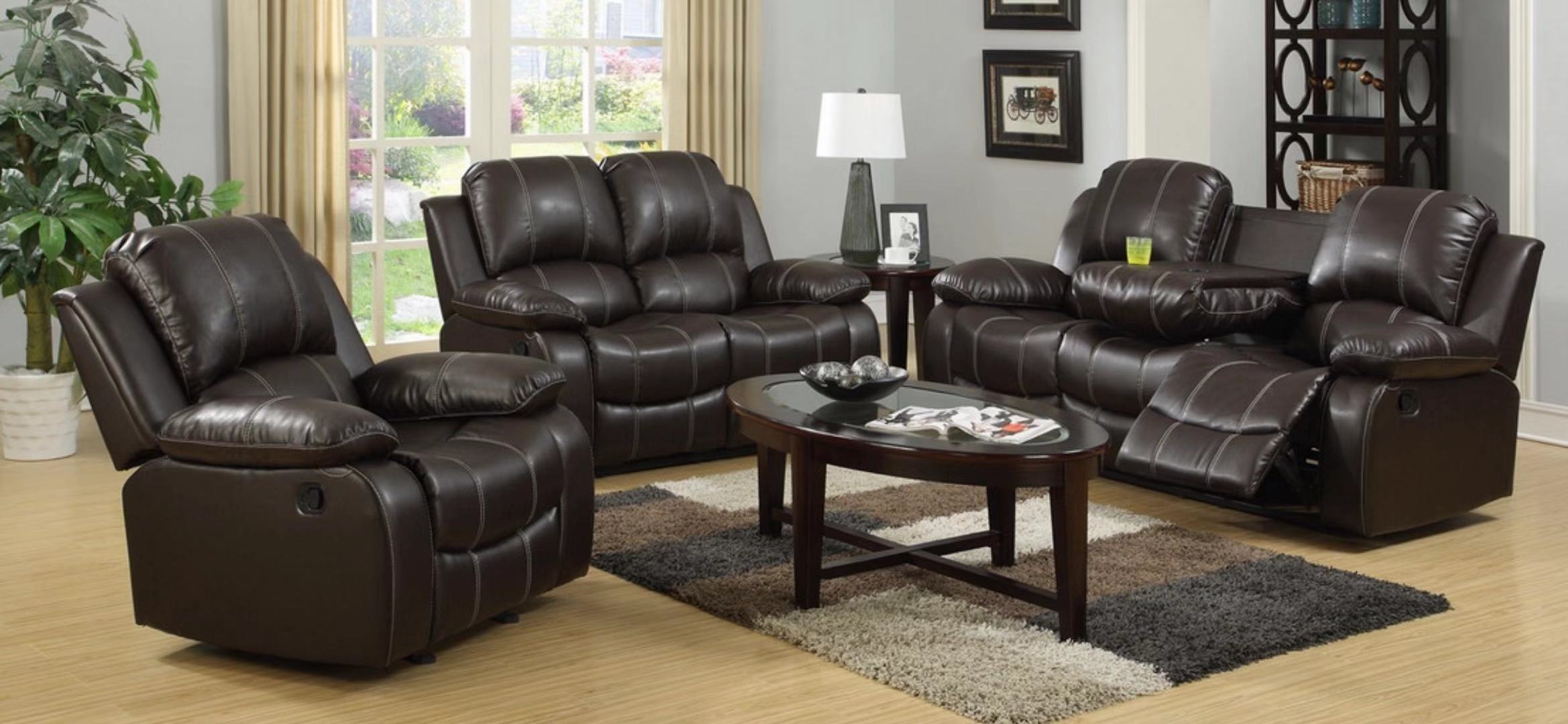 BONDED ROCKER LEATHER RECLINER SOFA SET IN BROWN
