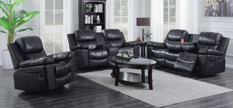 AIR LEATHER RECLINER SOFA SET IN BLACK (  CUPHOLD WITH STORAGE  )