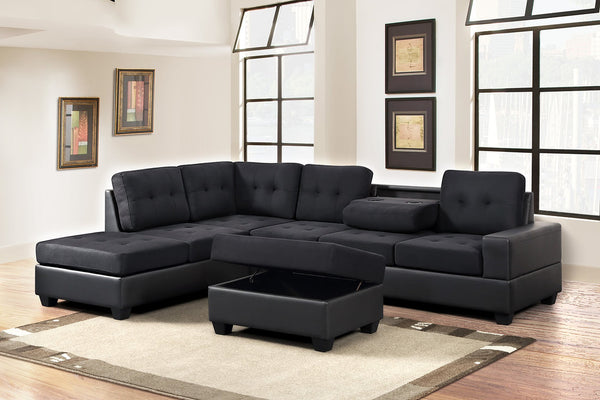 3-PC FABRIC SECTIONAL WITH CUP HOLDER WITH OTTOMAN IN BLACK
